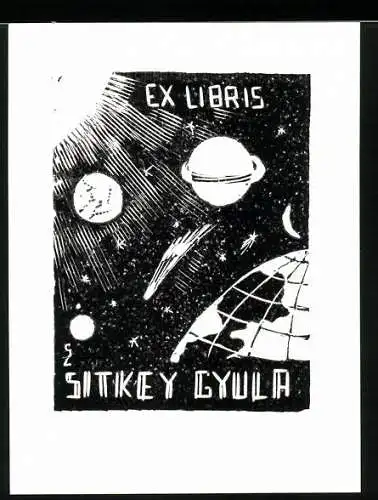 Exlibris Gyula Sitkey, Teil des Sonnensystem's mit Erde, Saturn, Komet & Sonne