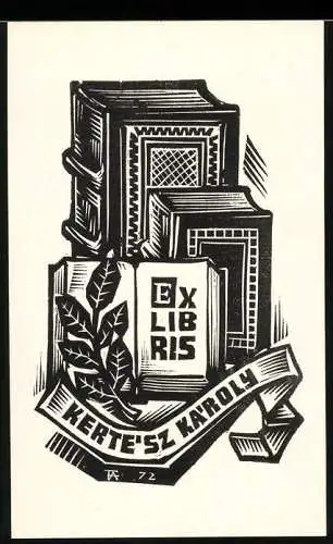 Exlibris Karoly Kertesz, Bücher & offenes Buch mit Zweig