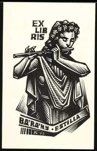 Exlibris von Antal Fery für Estilla Barany, Musikerin spielt Querflöte