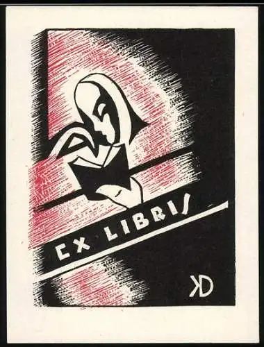 Exlibris von Karoly Dukay, lesende Person & Initialen