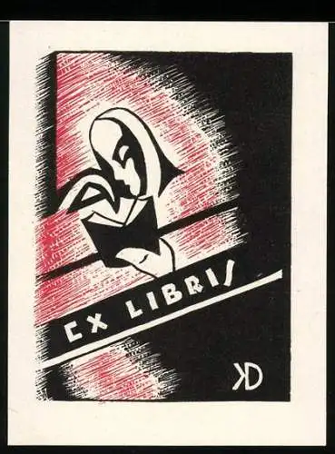 Exlibris von Karoly Dukay, lesende Person & Initialen