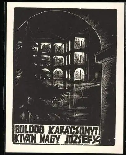 Exlibris von Tamas Banszky für Boldog Karacsonyt Kivan Nagy Jozsefy, beleuchtetes Gebäude bei Nacht