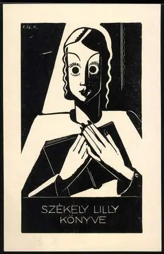 Exlibris Lilly Szekely, Frau beim Lesen macht grosse Augen