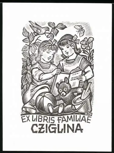 Exlibris Familiae Cziglina, Mädchen mit Teddybär lesen ein Buch