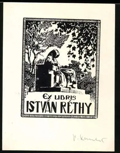 Exlibris Istvan Rethy, Monument mit einer Sitzenden Statue