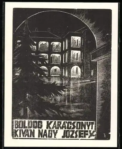 Exlibris von Tamas Banszky für Boldog Karacsonyt Kivan Nagy Jozsefy, illuminierte Gebäudeteile bei Nacht