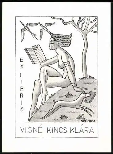 Exlibris von Schorr für Vigne Kincs Klara, nackte Frau liest ein Buch