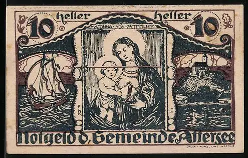 Notgeld Attersee 1920, 10 Heller, Madonna mit Kind, Segelschiff und Landschaftsmotiv