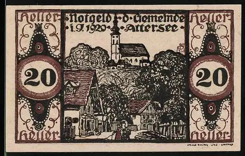 Notgeld Attersee 1920, 20 Heller, Dorfszene mit Kirche und Häusern im Wald