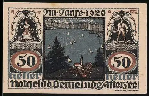 Notgeld Attersee 1920, 50 Heller, Segelboote auf See und Tänzerpaare