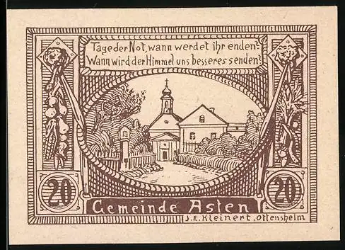 Notgeld Asten 1920, 20 Heller, Dorflandschaft mit Kirche und Zitat