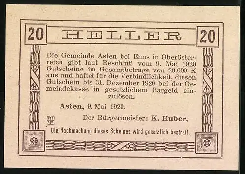 Notgeld Asten 1920, 20 Heller, Dorflandschaft mit Kirche und Zitat