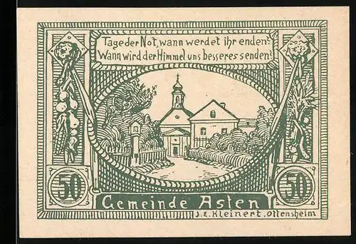 Notgeld Asten 1920, 50 Heller, Gebäude mit Spruchband und floralen Motiven