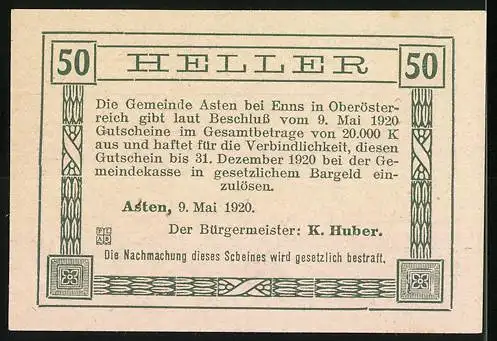 Notgeld Asten 1920, 50 Heller, Gebäude mit Spruchband und floralen Motiven