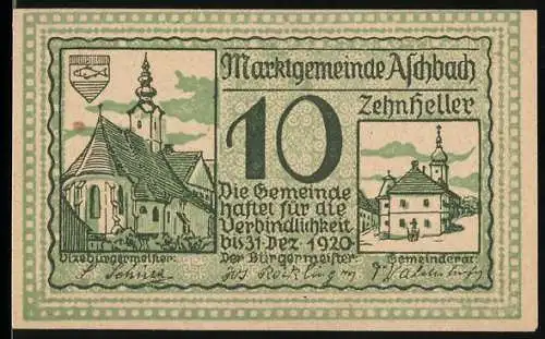 Notgeld Aschbach 1920, 10 Heller, Kirche mit Wappen und Gemeindehaus, Unterschriften des Bürgermeisters und Gemeinderats