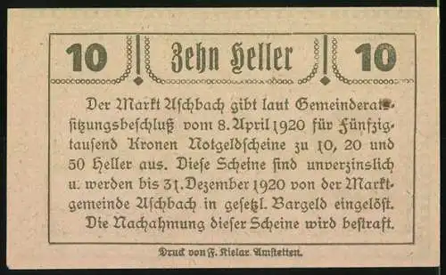 Notgeld Aschbach 1920, 10 Heller, Kirche mit Wappen und Gemeindehaus, Unterschriften des Bürgermeisters und Gemeinderats