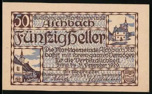 Notgeld Aschbach 1920, 50 Heller, Stadtansichten mit Gebäuden und Landschaft