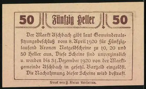 Notgeld Aschbach 1920, 50 Heller, Stadtansichten mit Gebäuden und Landschaft