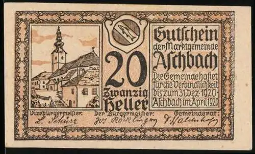 Notgeld Aschbach 1920, 20 Heller, Kirche und Architekturansicht, Wappen mit Axt und Schlegel