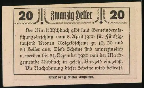 Notgeld Aschbach 1920, 20 Heller, Kirche und Architekturansicht, Wappen mit Axt und Schlegel