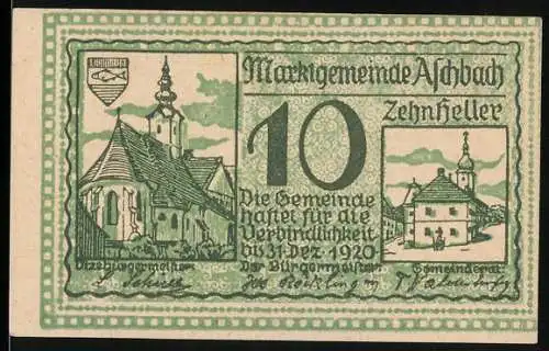 Notgeld Aschbach 1920, 10 Heller, Kirche und Gebäude, Gemeindewappen