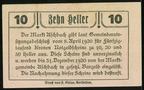 Notgeld Aschbach 1920, 10 Heller, Kirche und Gebäude, Gemeindewappen