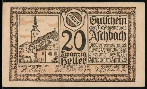 Notgeld Aschbach 1920, 20 Heller, Kirche und Text über Verbindlichkeit bis Dezember 1920