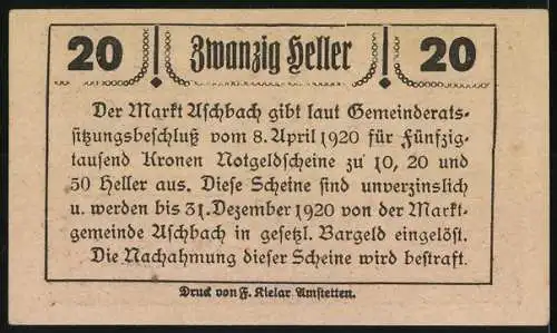 Notgeld Aschbach 1920, 20 Heller, Kirche und Text über Verbindlichkeit bis Dezember 1920