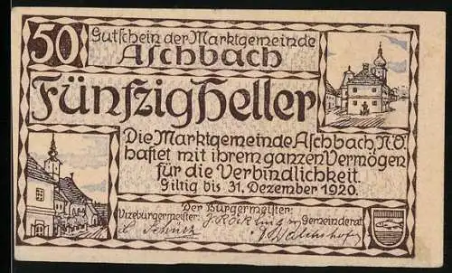 Notgeld Aschbach 1920, 50 Heller, Marktszenen und Gebäude, gültig bis 31. Dezember 1920