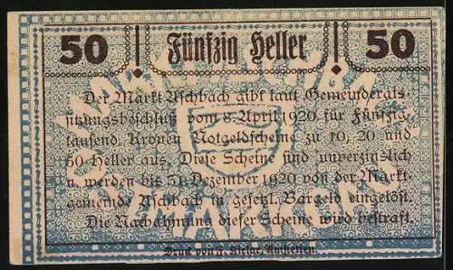 Notgeld Aschbach 1920, 50 Heller, Marktszenen und Gebäude, gültig bis 31. Dezember 1920
