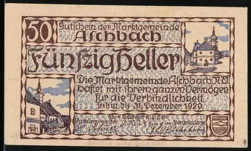 Notgeld Aschbach 1920, 50 Heller, Marktszene und Gebäudeansichten