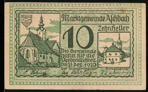 Notgeld Aschbach 1920, 10 Heller, Kirchenansicht mit Wappen und Textpassage