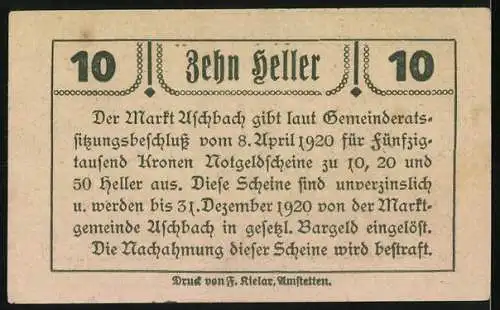 Notgeld Aschbach 1920, 10 Heller, Kirchenansicht mit Wappen und Textpassage