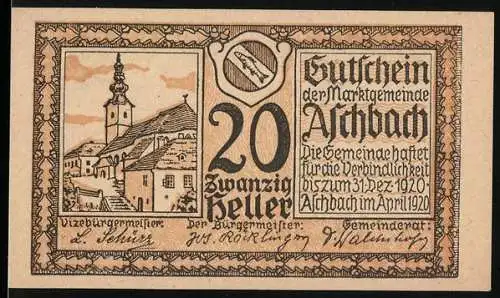 Notgeld Aschbach 1920, 20 Heller, Stadtansicht mit Kirchturm und dekorativem Rahmen