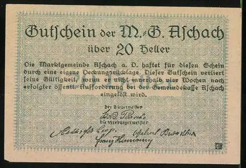 Notgeld Aschach 1920, 20 Heller, zwei Männer mit Stangen und Wappen mit Trauben