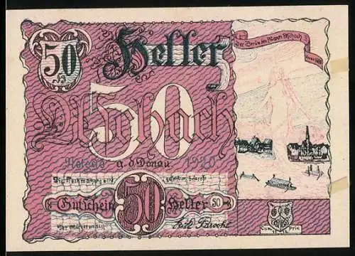 Notgeld Aschach 1920, 50 Heller, Stadtansicht und weibliche Figur, Wappen und Seriennummer