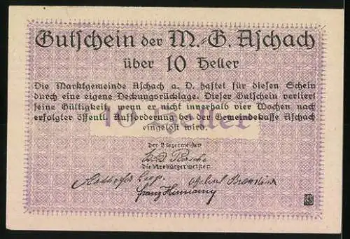 Notgeld Aschach, 10 Heller, Wappen und verzierte Schriftrolle
