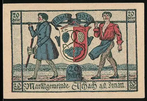 Notgeld Aschach 1920, 20 Heller, Männer mit Wappen und Landschaft