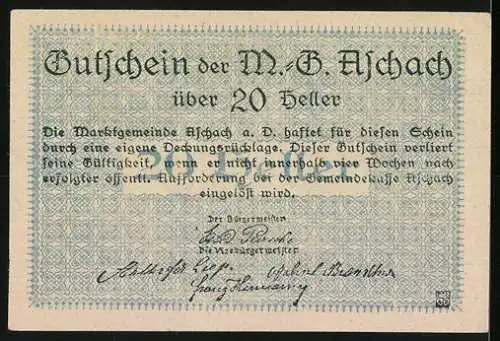 Notgeld Aschach 1920, 20 Heller, Männer mit Wappen und Landschaft