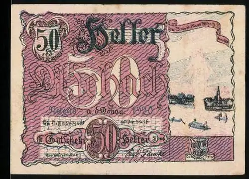 Notgeld Aschach 1920, 50 Heller, Schiffe und Küstenansicht, Seriennummer, Wappen enthalten