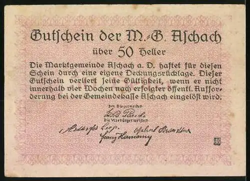 Notgeld Aschach 1920, 50 Heller, Schiffe und Küstenansicht, Seriennummer, Wappen enthalten