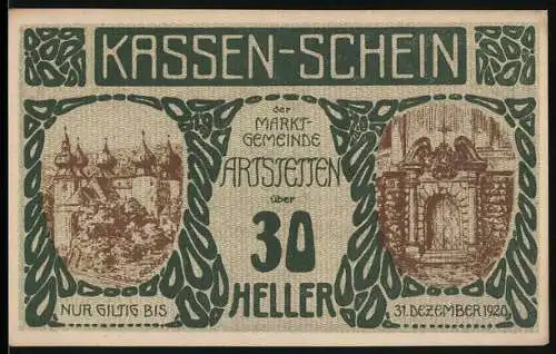 Notgeld Artstetten 1920, 30 Heller, Schloss und Tor-Motiv, gültig bis 31. Dezember 1920