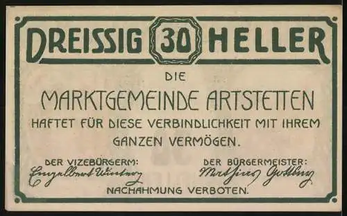 Notgeld Artstetten 1920, 30 Heller, Schloss und Tor-Motiv, gültig bis 31. Dezember 1920