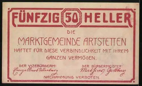 Notgeld Artstetten 1920, 50 Heller, Schloss und Torbogen-Motive