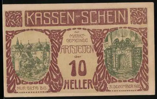 Notgeld Artstetten 1920, 10 Heller, Burgruine und Torbogen, gültig bis 31. Dezember 1920