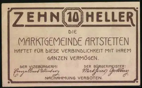 Notgeld Artstetten 1920, 10 Heller, Burgruine und Torbogen, gültig bis 31. Dezember 1920