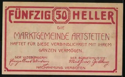 Notgeld Artstetten 1920, 50 Heller, Burg und Torbogen-Motive