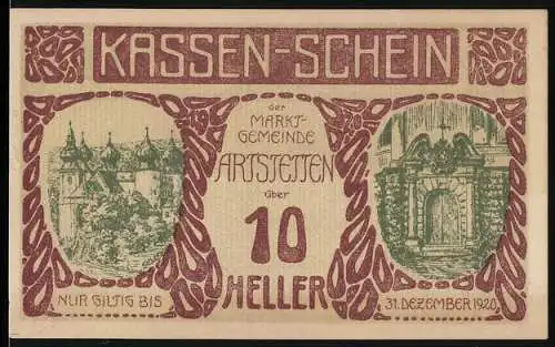 Notgeld Artstetten 1920, 10 Heller, Burg und Torbogen, gültig bis 31. Dezember 1920