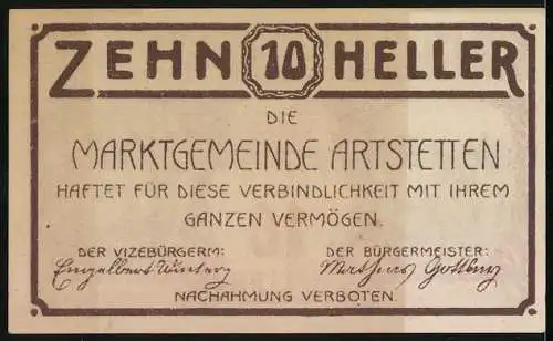 Notgeld Artstetten 1920, 10 Heller, Burg und Torbogen, gültig bis 31. Dezember 1920