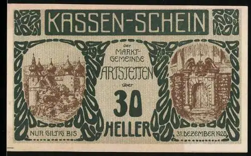 Notgeld Artstetten 1920, 30 Heller, Schlossansicht und Torbogen, gültig bis 31. Dezember 1920